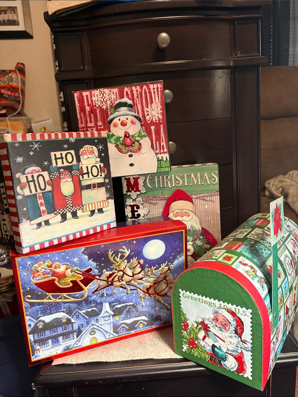 5 Festive Christmas Holiday Decorative Boxes and Mailbox Set - Red & Green